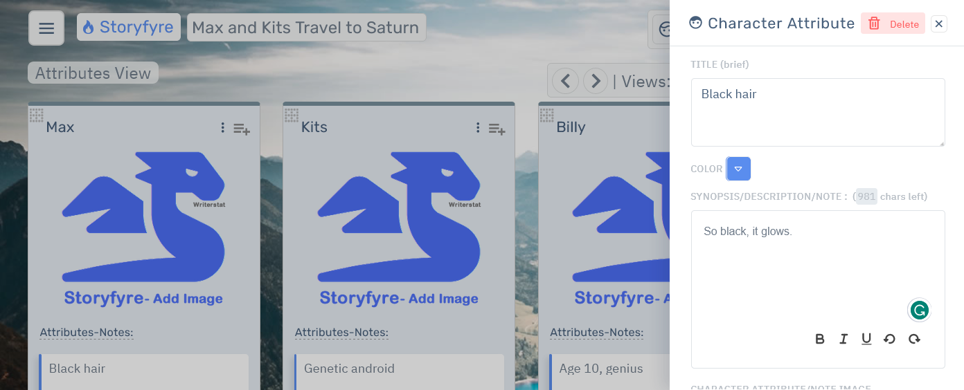 Storyfyre Pro Character Attribute Edit